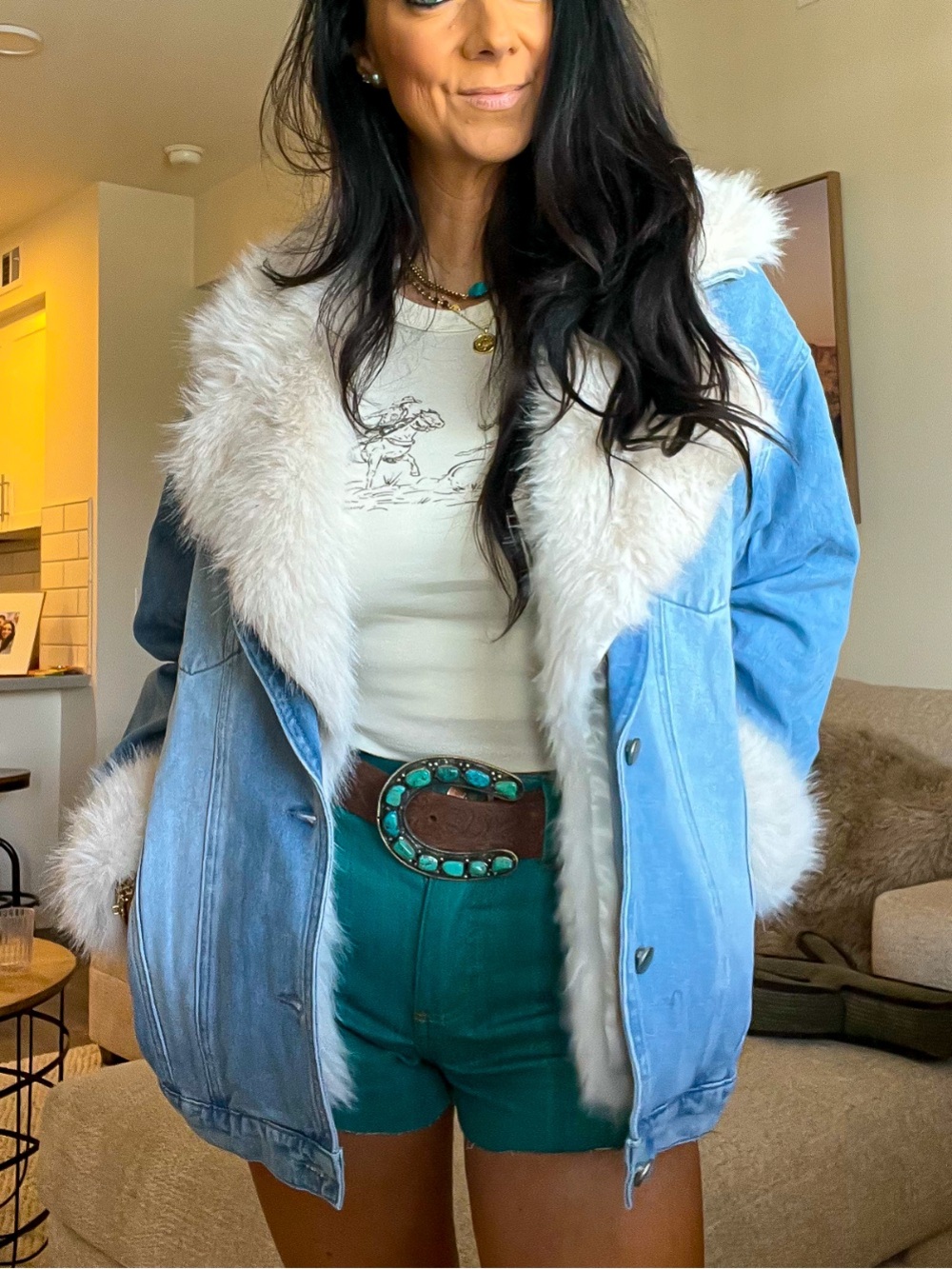 Faux Fur Trim Light Wash Denim Jacket - Women's Jean Jacket